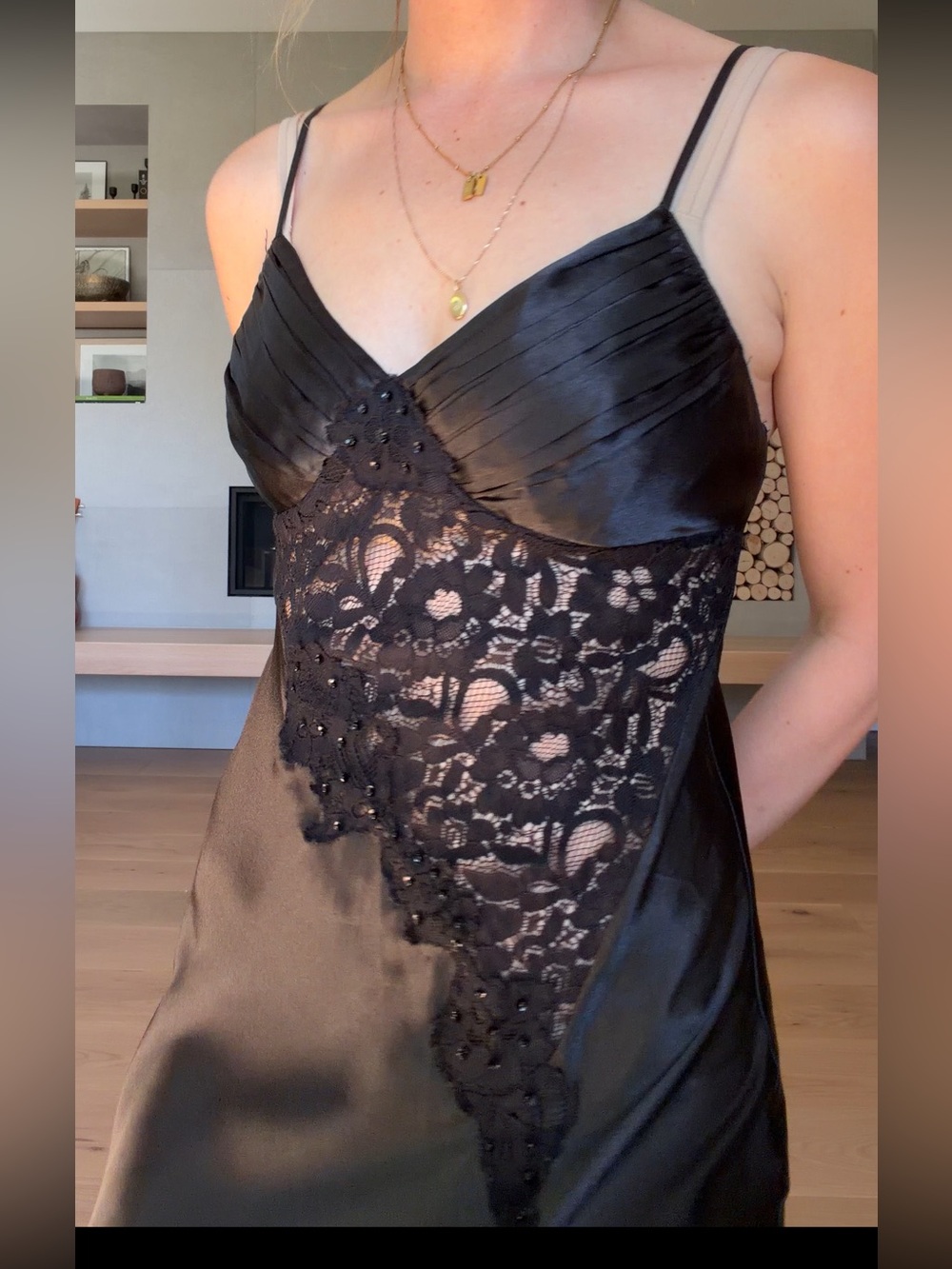 La vie en rose Lace-Accent Black Satin Slip Dress with Thigh Slit small - Picture 3 of 14
